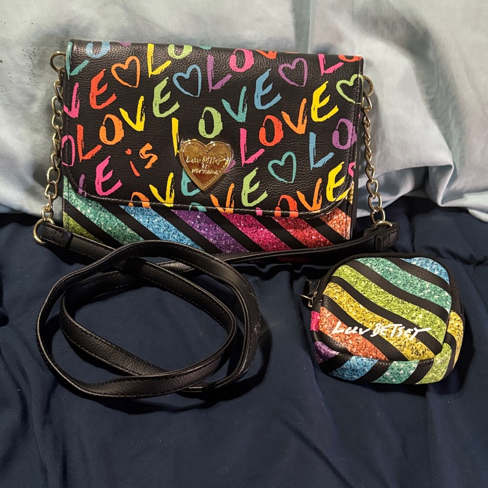 Luv Betsey Black Rainbow 'LOVE' Crossbody with Matching Coin Pouch